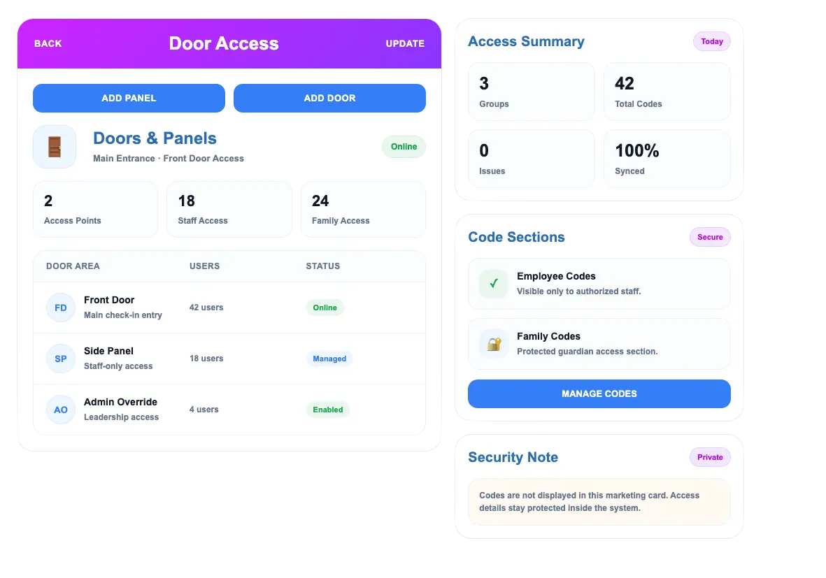Childcare keyless entry system and door access integration in ChildPilot