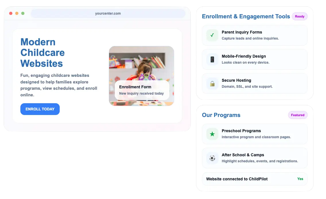 Childcare website design connected to enrollment workflows and family forms in ChildPilot