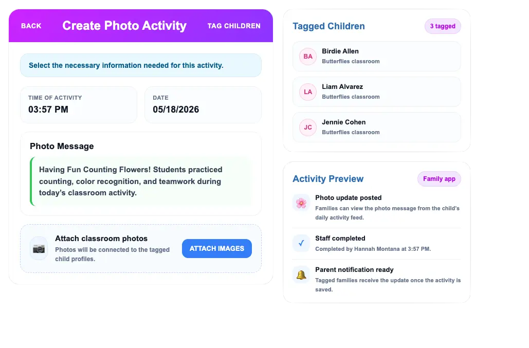 ChildPilot staff portal app showing classroom activities, attendance, and daily documentation