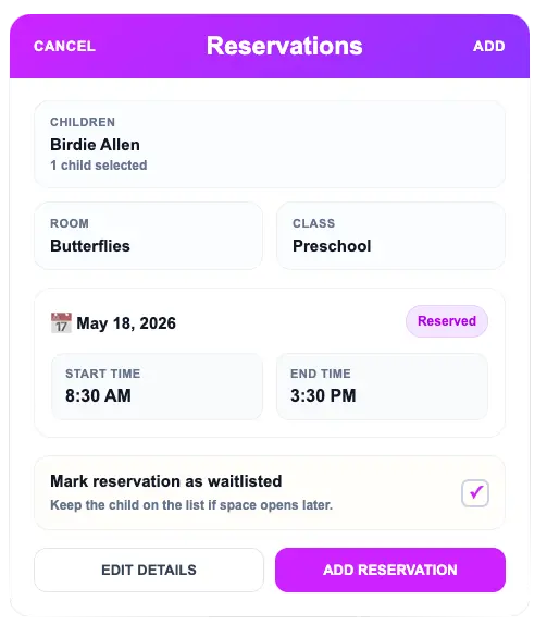 Flexible hourly billing and reservation workflows for camps and drop-in childcare programs in ChildPilot