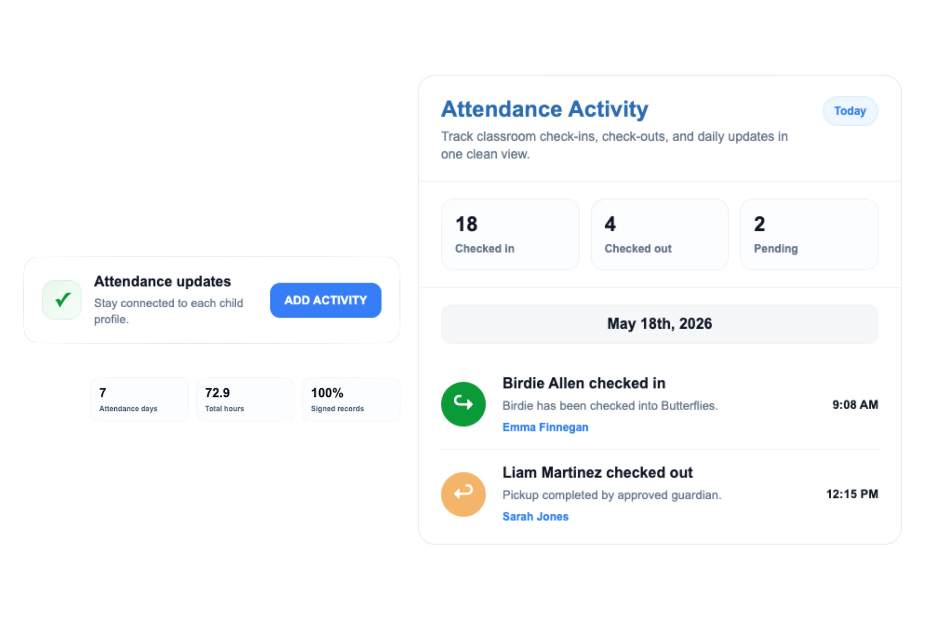 Real-time attendance tracking for before and after school programs in ChildPilot