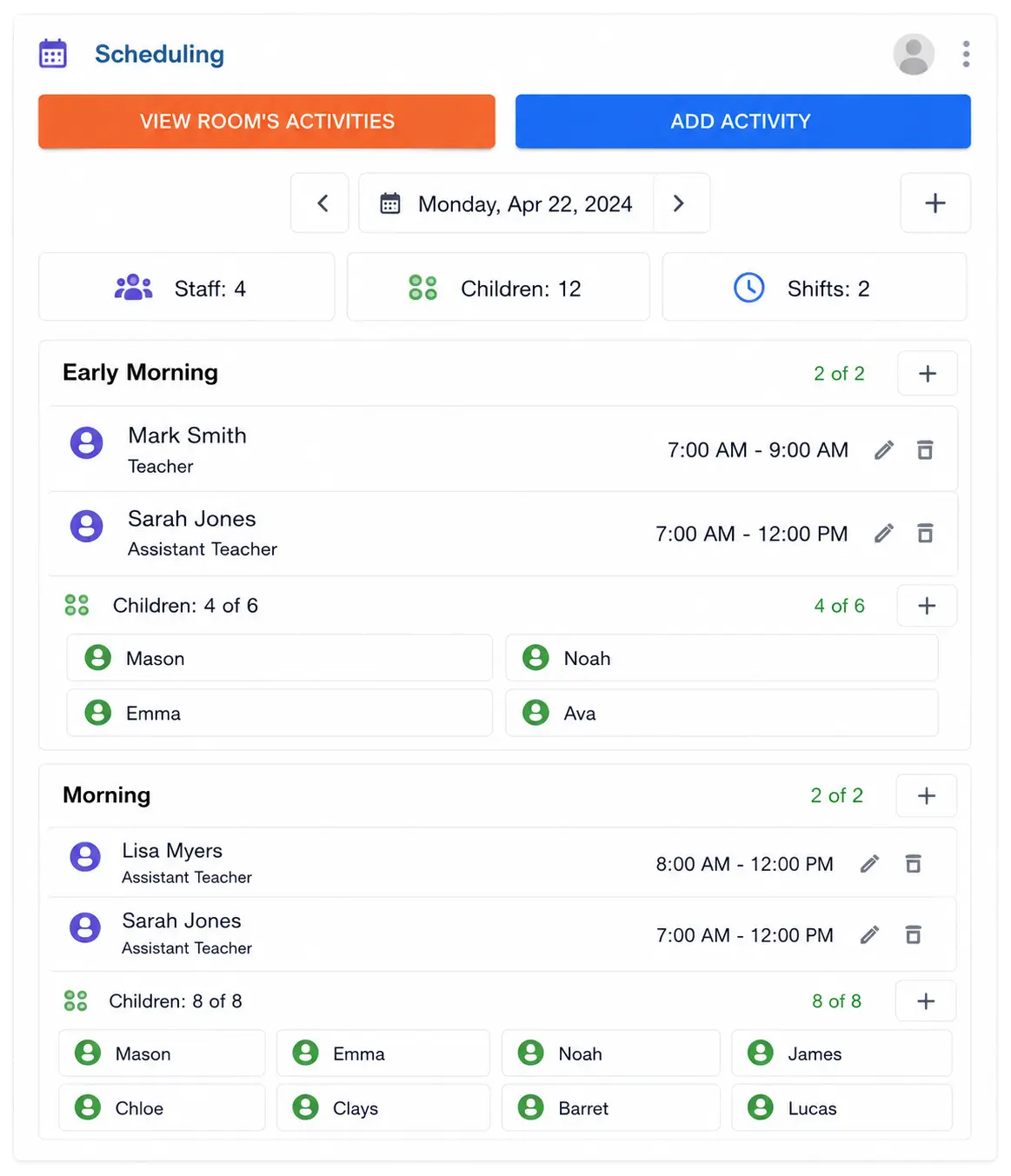 Multi-location preschool and childcare center scheduling dashboard in ChildPilot